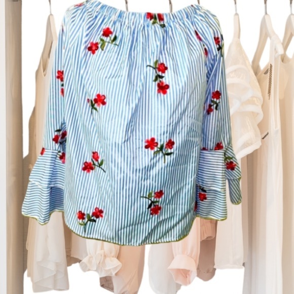 NWT Flores off the shoulder, blue & white striped embroidered top, 3X - Picture 1 of 7